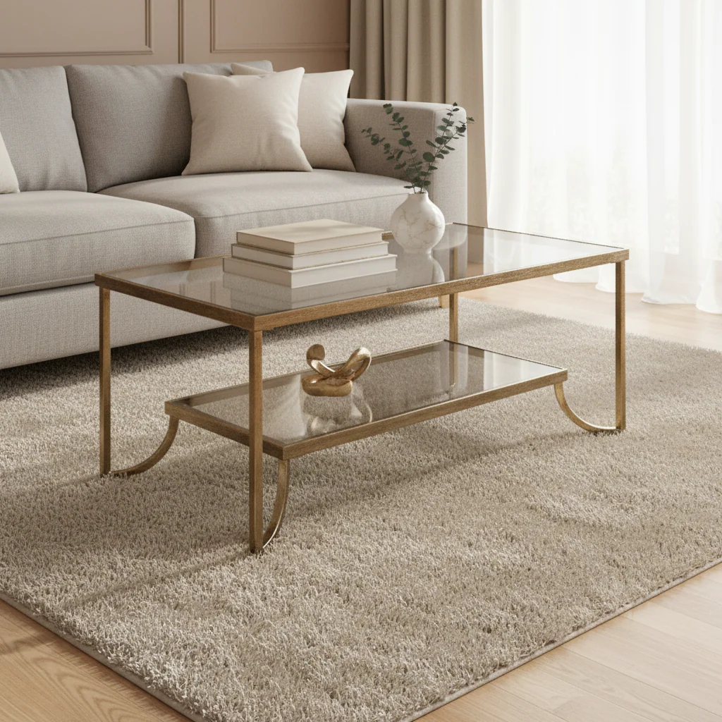 Gold Antiqued Hand-Forged Iron Coffee Table with Tempered Glass Top and Gallery Shelf – 47 in