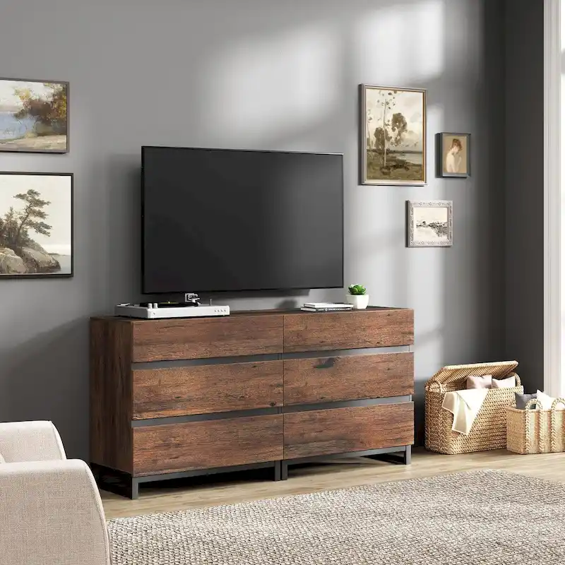 Brown TV Stand with 6 Drawers, Fits TVs up to 70