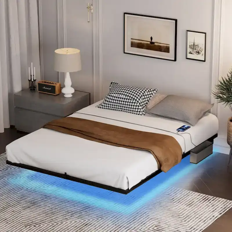 Modern Floating Bed with LED Lights, Charging Station & Metal Frame