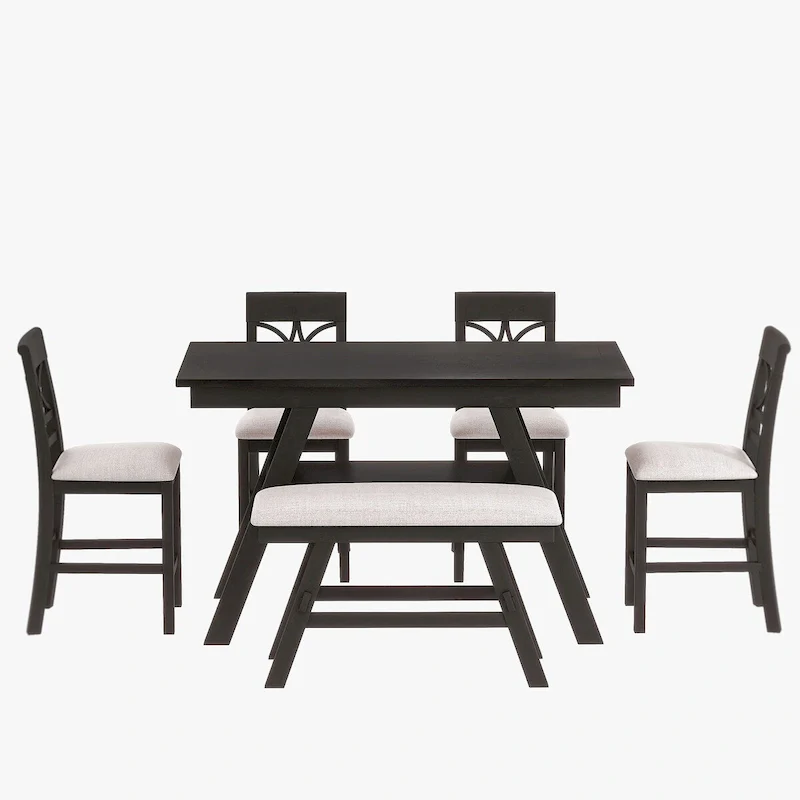 6-Piece Wood Counter Height Kitchen Dining Table Set with Storage Shelf, Bench and 4 Chairs, Espresso and Beige