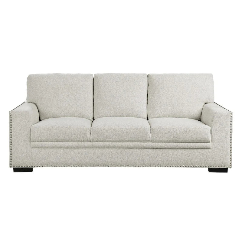 84 Inch Sofa with Beige Chenille, Nailhead Trim & Foam Cushions, Solid Wood Frame