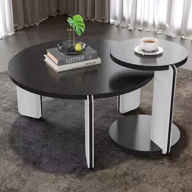 Ora Maison Modern Round Coffee Table Set with Sintered Stone Legs & Matching Side Table, Black