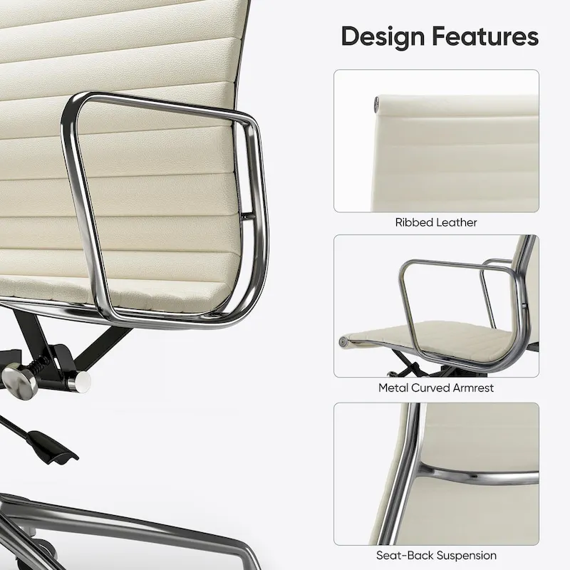 Low Back Genuine Leather Ergonomic Computer Ribbed Office Chair