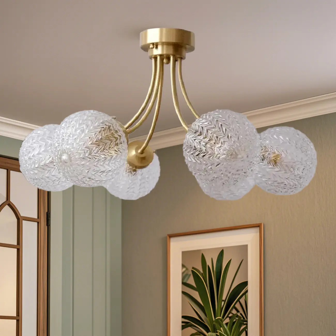Elegant 6-Light Globe Glass Golden Semi Flush Ceiling Light