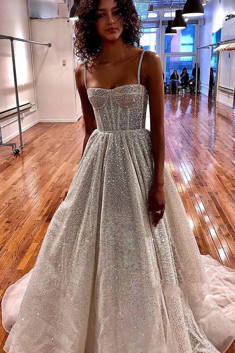 Spaghetti Straps Sequins A-line Sparkly Wedding Dress Bridal Gown