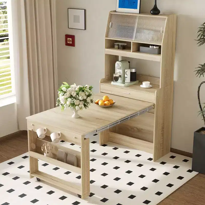 GDFStudio Henry Versatile Buffet Hutch with Foldable Dining Table, Storage Shelf and Side Hooks