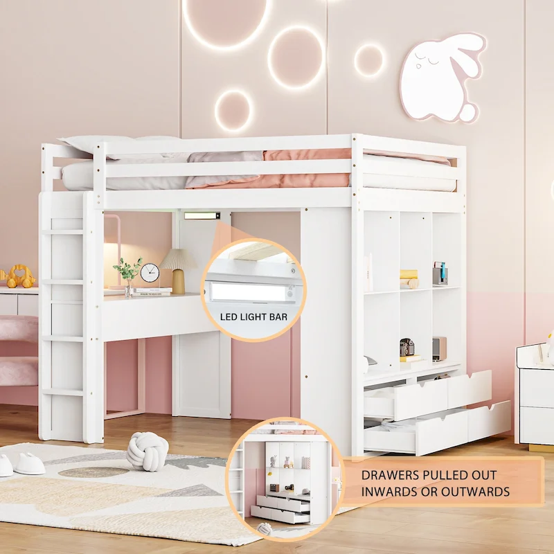 White Full Size Solid Wood Loft Bed with large shelves, writing desk and LED Light for Bedroom