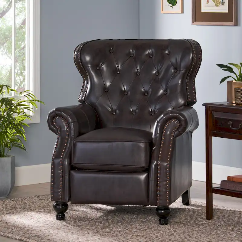 Brown Tufted Pushback Recliner with Nailhead Trim