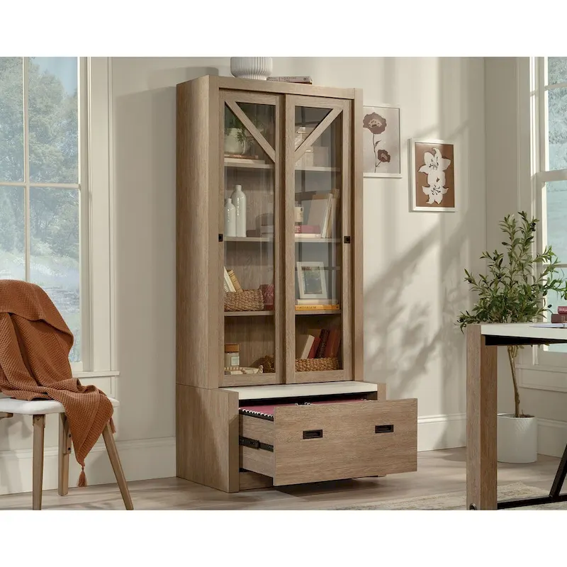 Jamocha Wood Sliding Door Bookcase with File Drawer – Letter Size