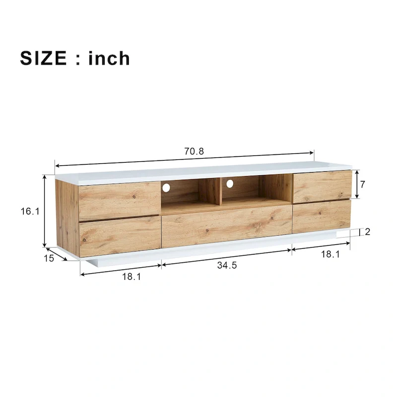 White / Natural Modern TV Stand with Push-Open Doors – Minimalist Style, Fits TVs up to 80