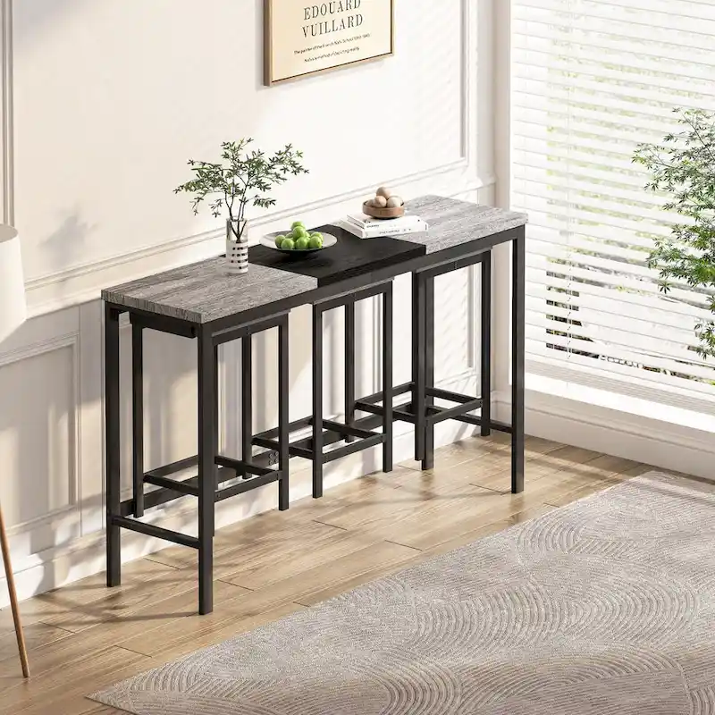 Grey / Brown Color-Block Bar Table Set with 2 Stools
