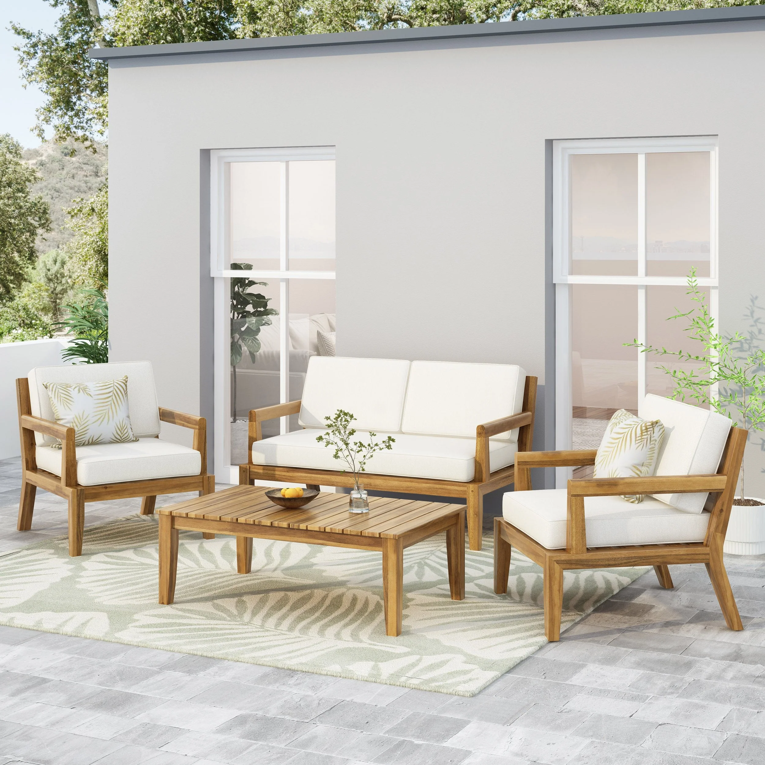 Outdoor Acacia Wood Chat Set, Teak and Beige - NH392413