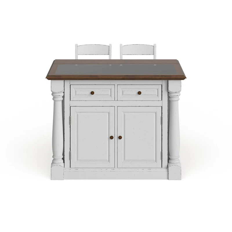 Monarch Off-White Kitchen Island with Granite Top and 2 Stools