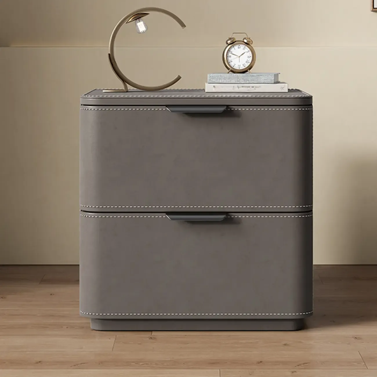 Minimalist Narrow Cubic Leather Wood 2-Drawer Nightstand
