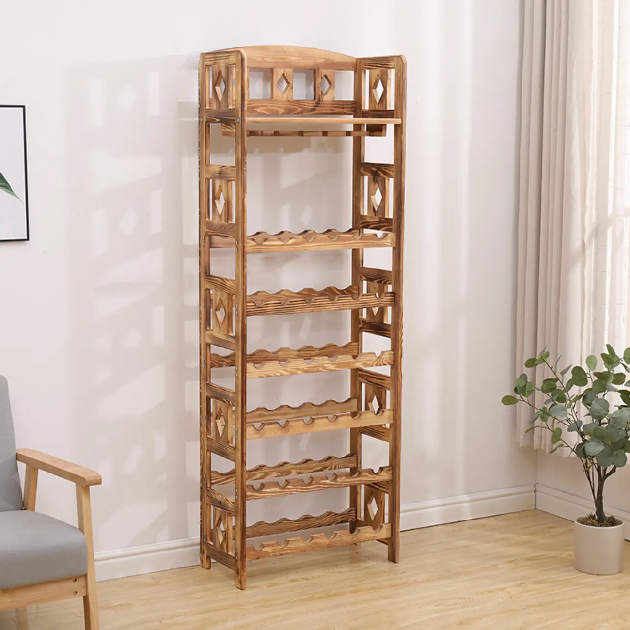 Free Standing Pine Wood Wine Racks with Bar Glass Holder Shelf