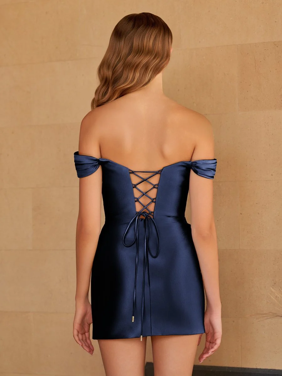 Navy Blue - Bodycon Satin Off the Shoulder Homecoming Dresses with Beads