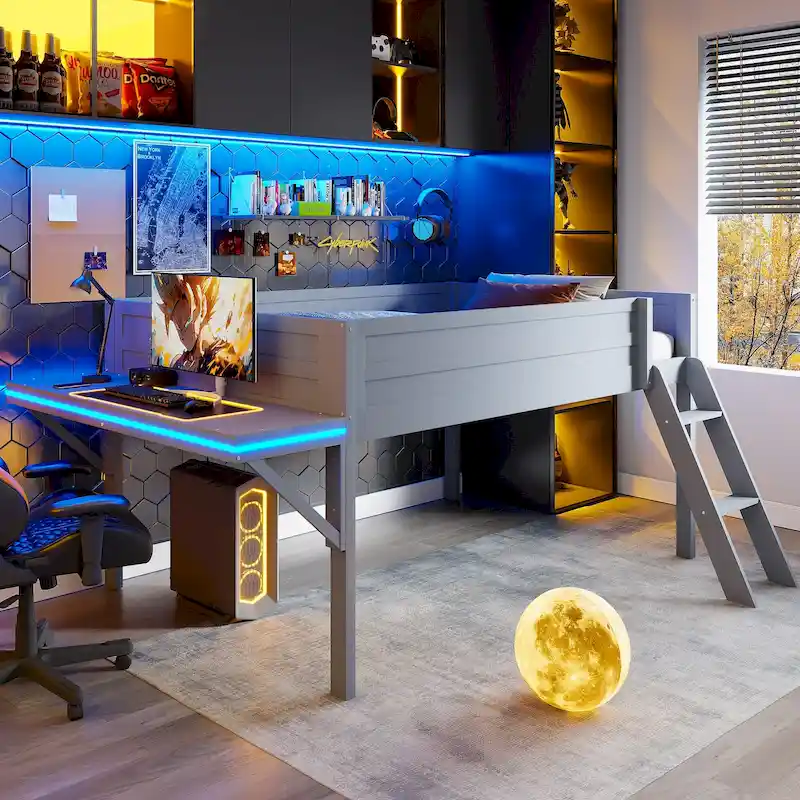 Low Loft Bed with Integrated Desk and LED Lights, Wood Gaming Loft Bed Frame with Angled Ladder, for Kids Girls Boys