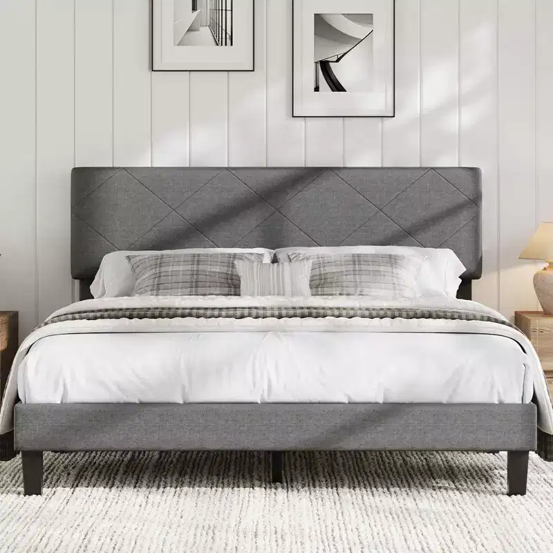 Upholstered Headboard Bed Frame C Wooden Slats, No Box Spring, Noise-Free, Easy Assembly (Gray)