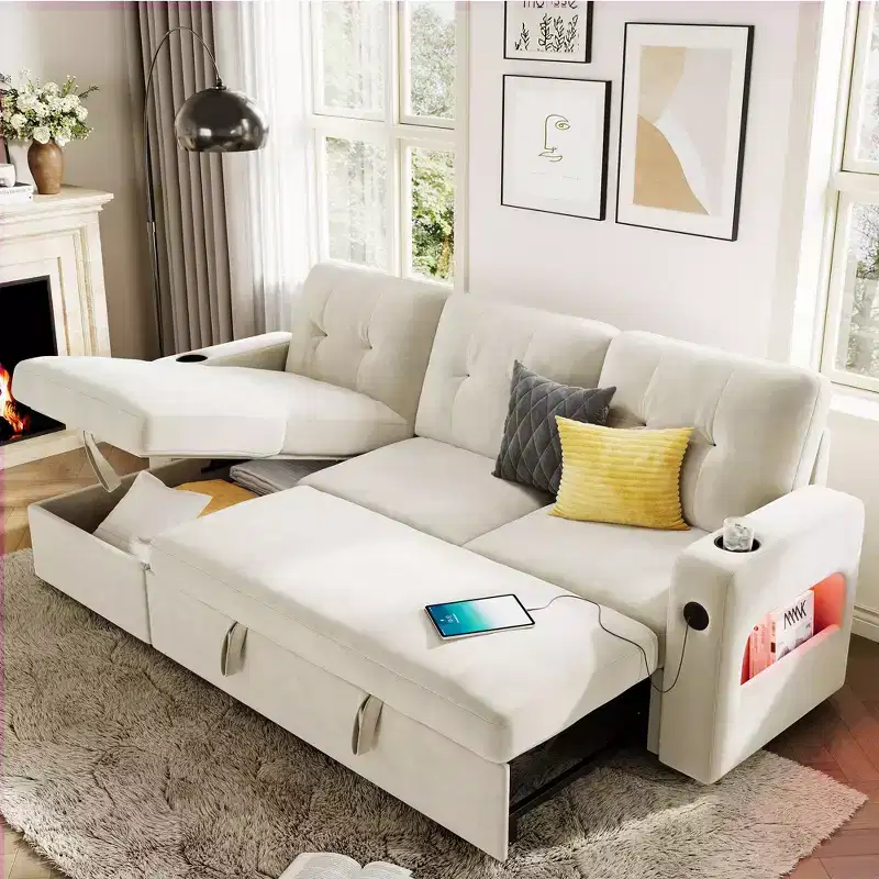 COZONY 84 Sleeper Sofa with Storage, Convertible Sectional Couch Bed with Reversible Chaise, Pull Out Sofa Bed for Living Room Apartment