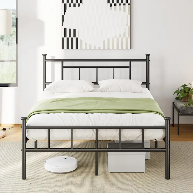 Classic Metal Platform Base with Headboard and Footboard, Round Corner Legs Mattress Slide Stopper