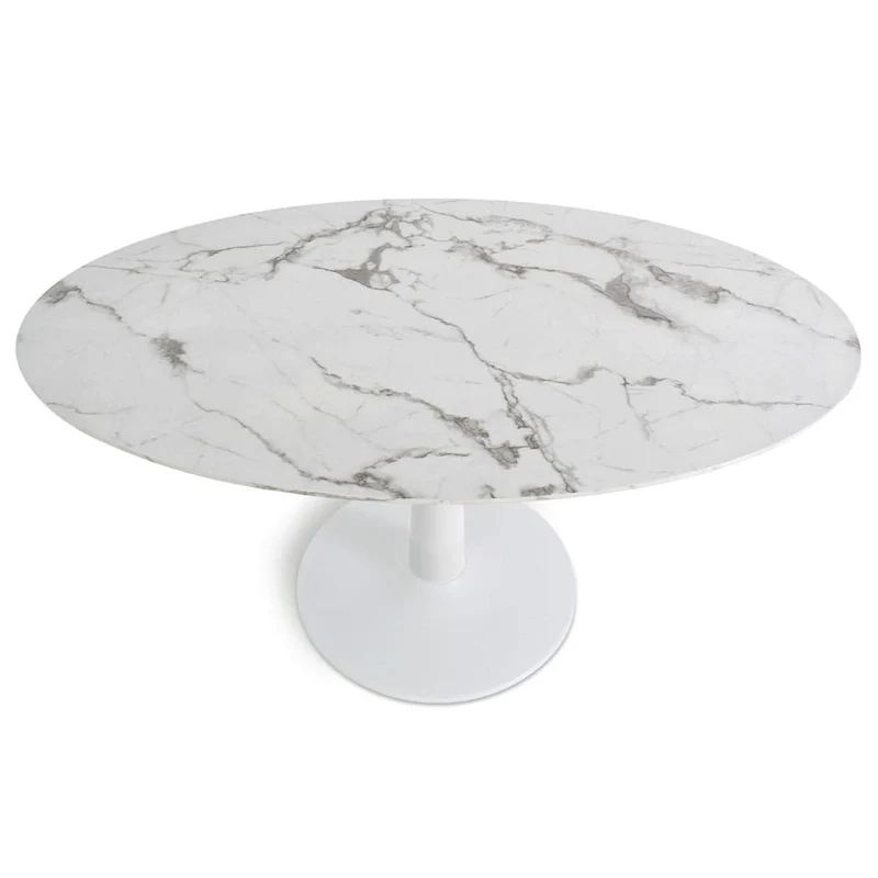 Oval White Faux Marble Topped Pedestal Dining Table