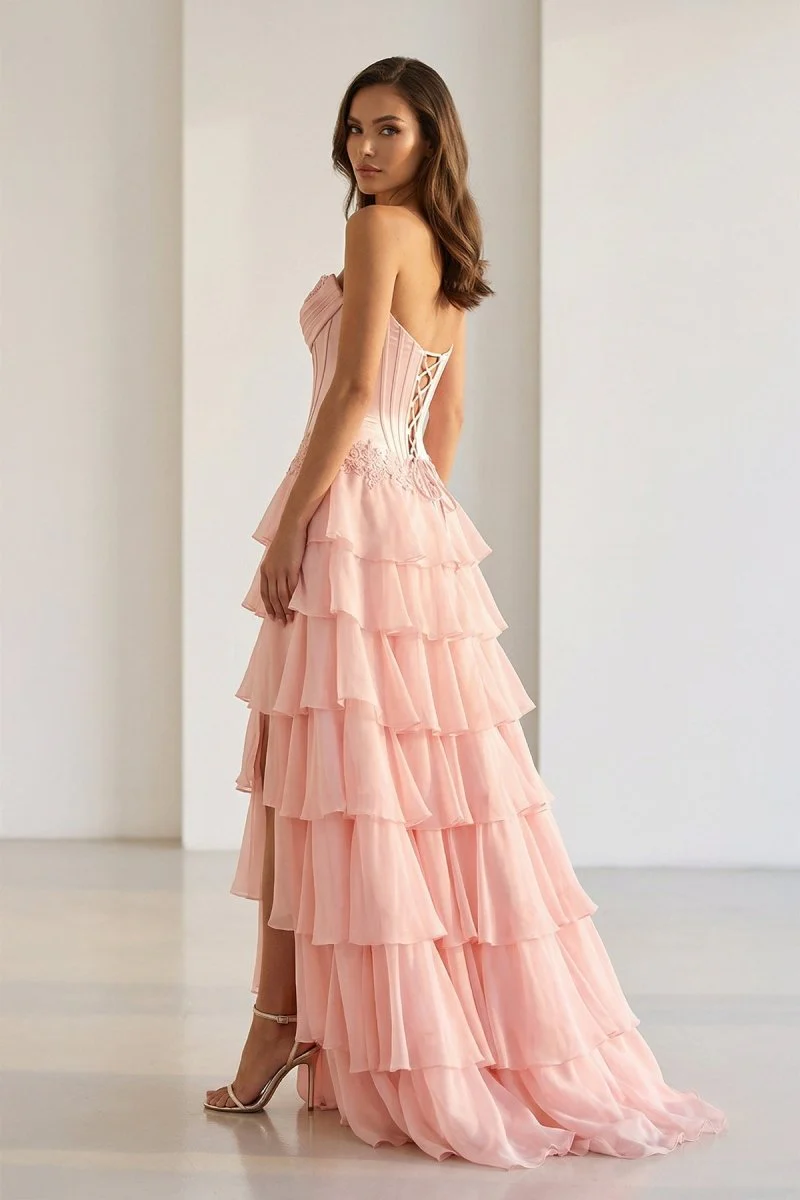Pink Sweetheart Chiffon Ruffled A Line Formal Prom Dresses With Appliques
