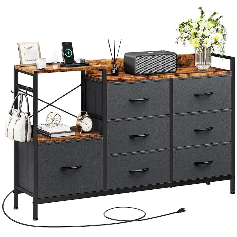 Moasis 7-drawer Dresser Media Console with Charging Station, Shelves