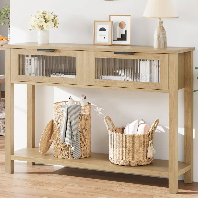 Beige/Brown Console Table with 2 Drawers | 43.3