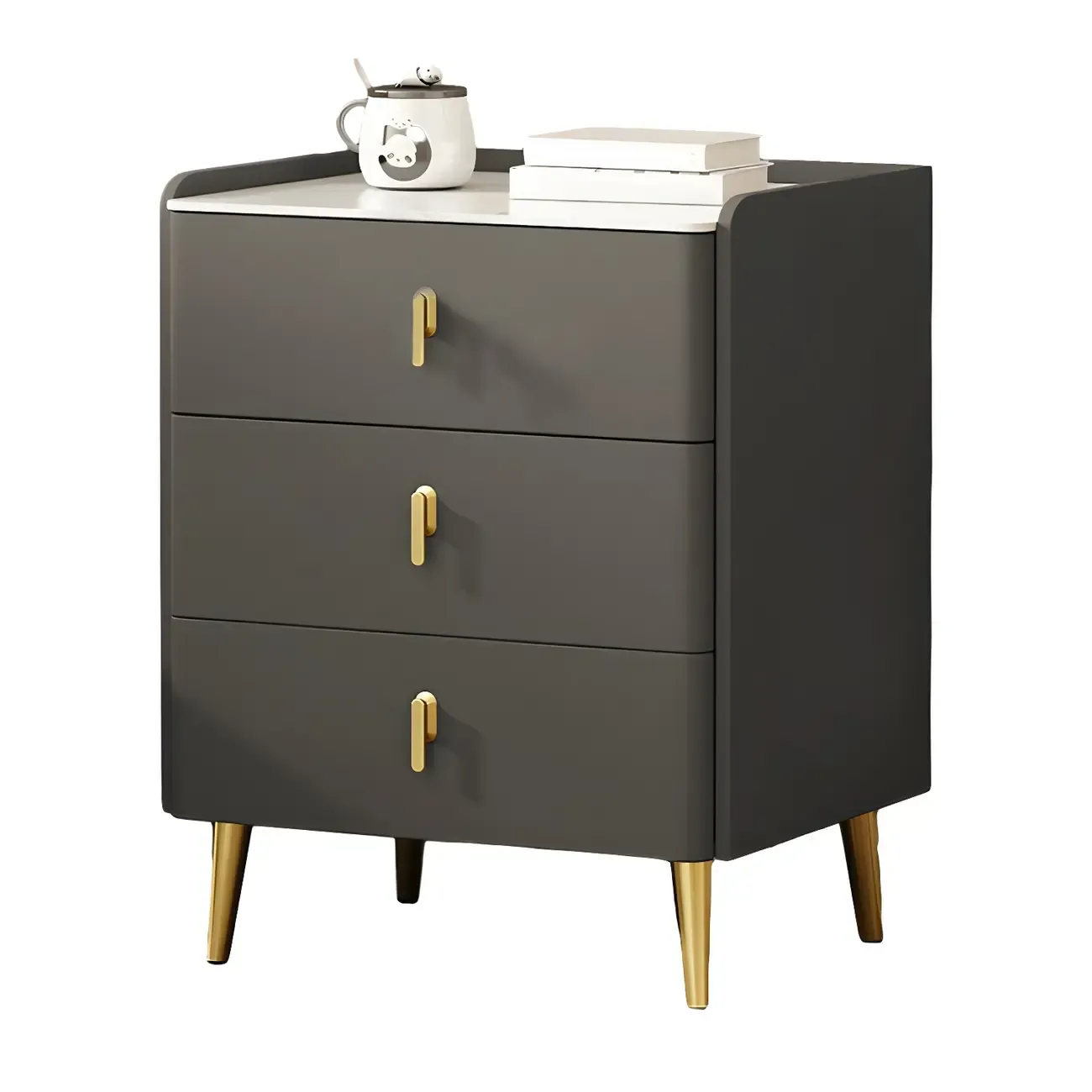 Modern Faux Leather 3 Drawers Nightstand with Stone Top