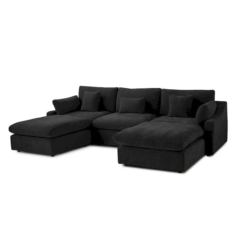 Classic Modern Linen Sectional Modular Sofa 3-Seater with 2 Ottomans, U-shaped Down Filled Cloud Couch with Cushions