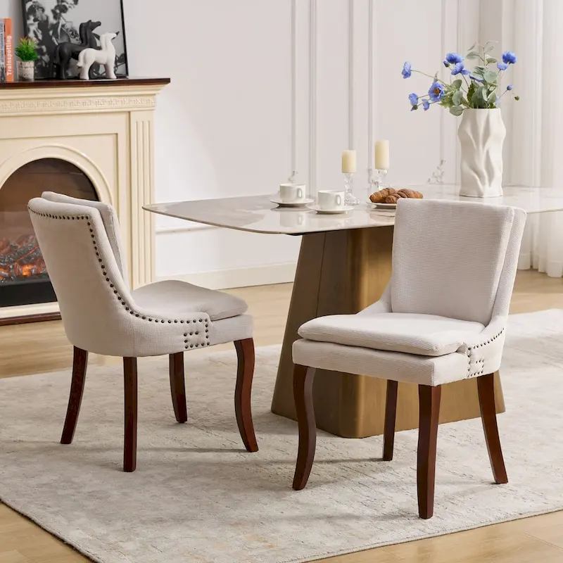 Double-layer Cushioned Dining Chairs Set of 2 Chenille Mid-Back Chair with Nailhead Trim Side Chair with Bent Wood Legs