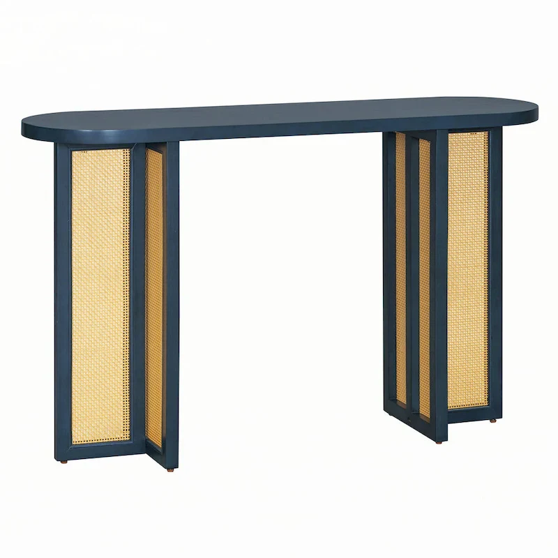 Farmhouse Rattan Console Table Entryway Table,Navy