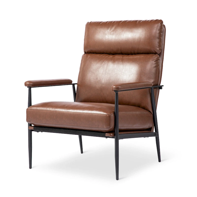Glitzhome 33.75W Mid-Century Modern Leatherette Armchair With High Back and Padded Arms - 33.75 W x 39.5 H x 28 D