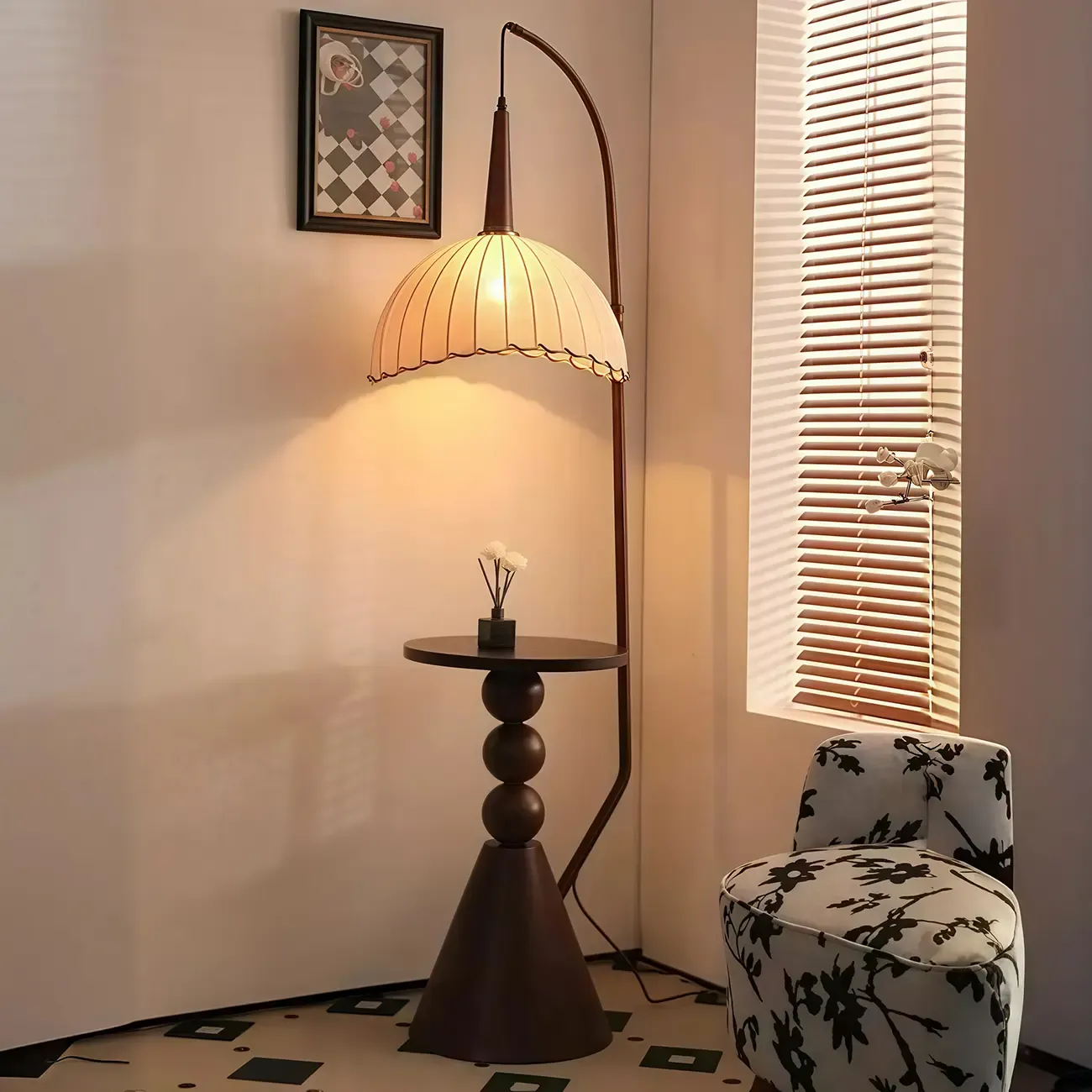 Adjustable Wooden Beige Dome Arc Floor Lamp with Table