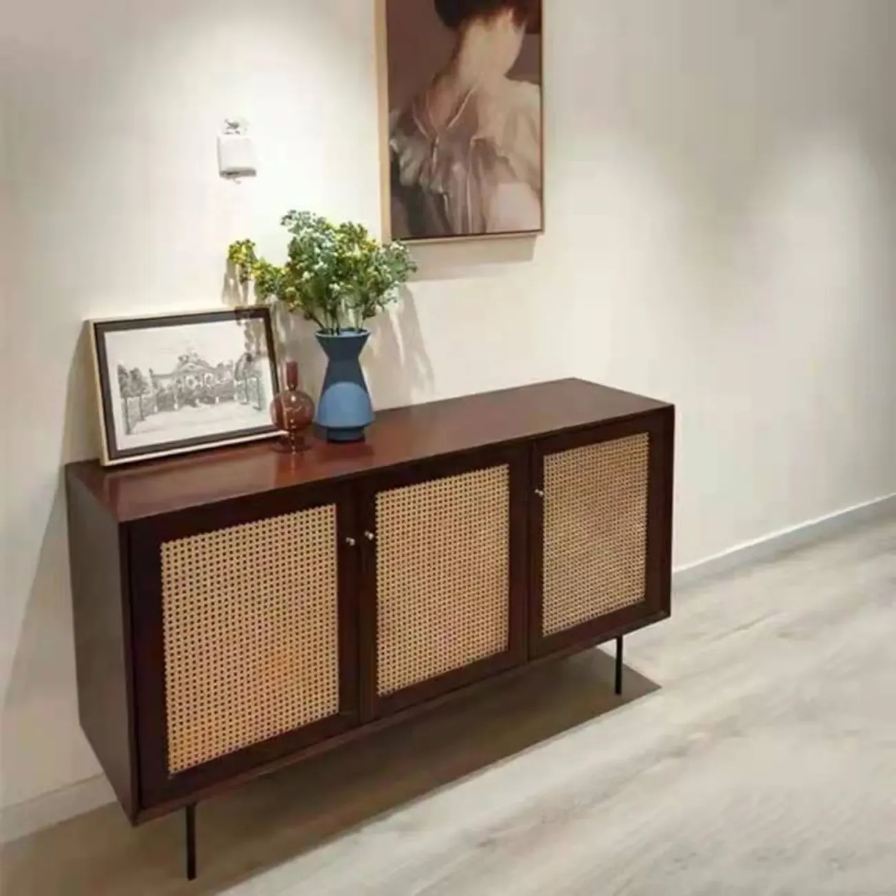 Vintage Wooden Woven Parlor Cabinet for Living Room Decor