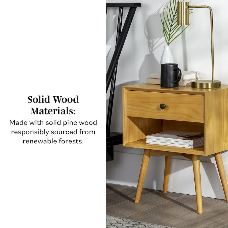 Mid-Century Solid Wood 1-Drawer Nightstand