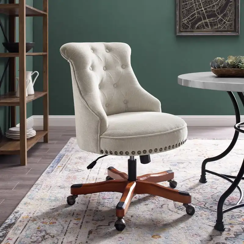Natural Button-Tufted Swivel Office Chair, Single