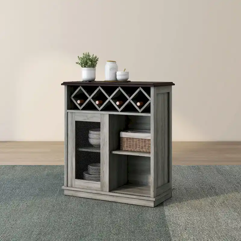 DH BASIC Farmhouse Four Shelf and Four Bottle Lattice-like Wine Buffet by