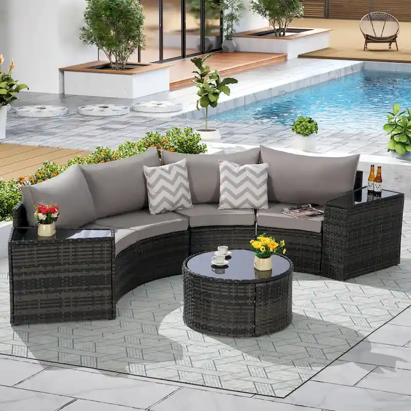 7 Piece Half-Moon Curved Sectional Sofa Set, All-Weather Wicker Patio Conversation Furniture Set with Round Coffee Table