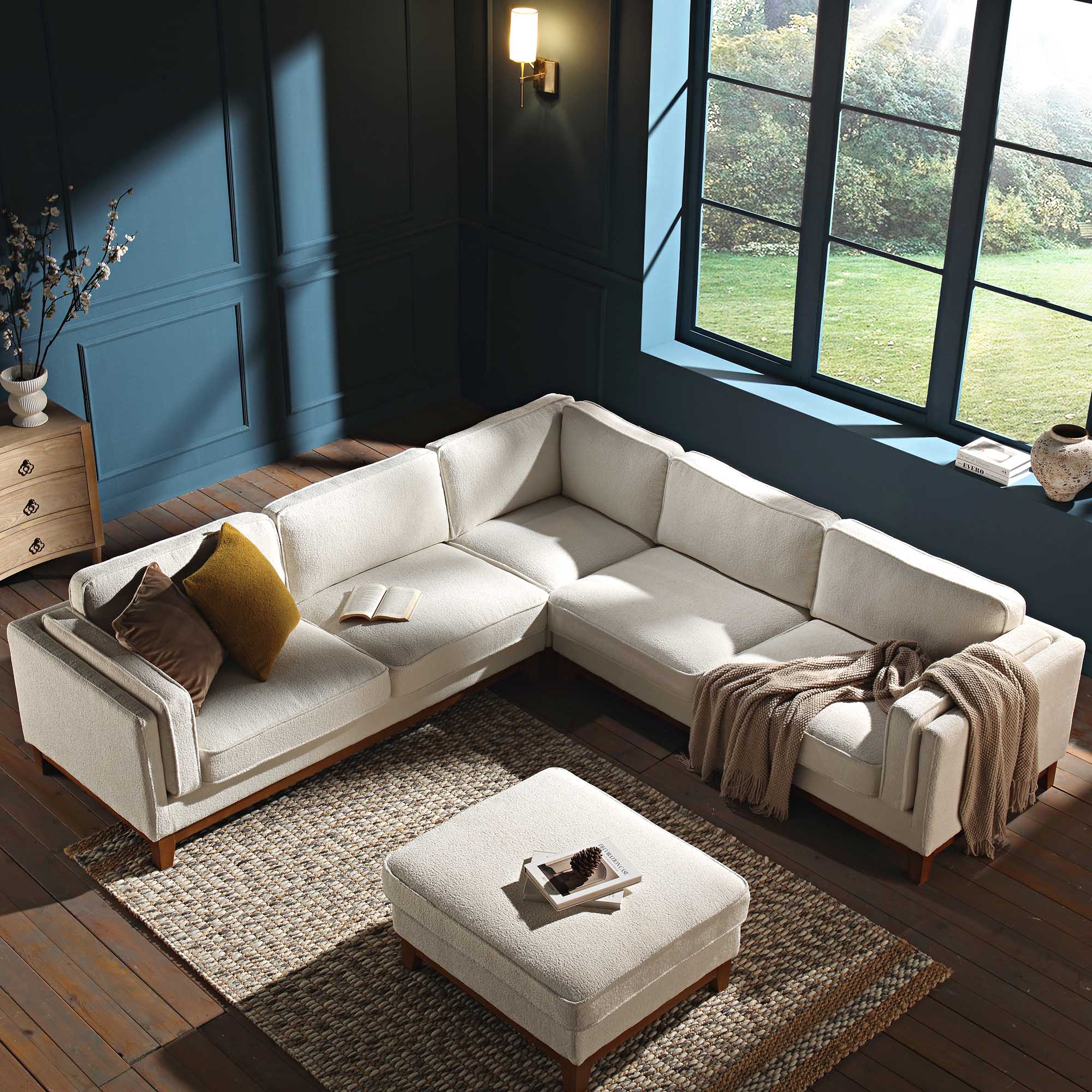 Beige Boucle Fabric Grande Corner Sofa