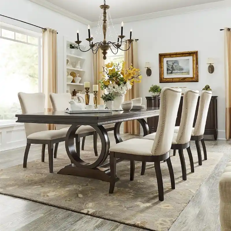 Willa Dark Cherry Wood and Beige Fabric Extendable Rectangular Dining Set by iNSPIRE Q Classic