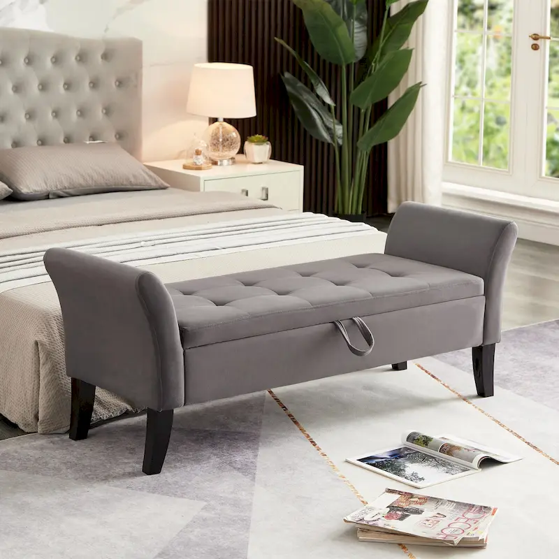 Grey / Orange / Beige Velvet Storage Bed Bench, Single Seat