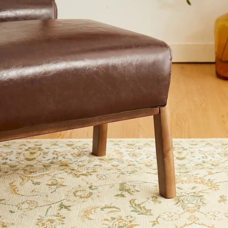 Brown Mid-Century Faux Leather Ottoman Accent Stool, Set of 2