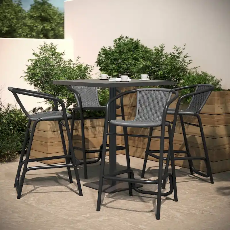 Gray / Black / Medium Brown Rattan Barstool, Set of 4, Indoor/Outdoor