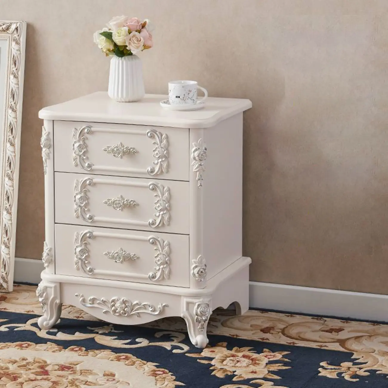 Traditional White Wood Carved 3-Drawer Nightstand
