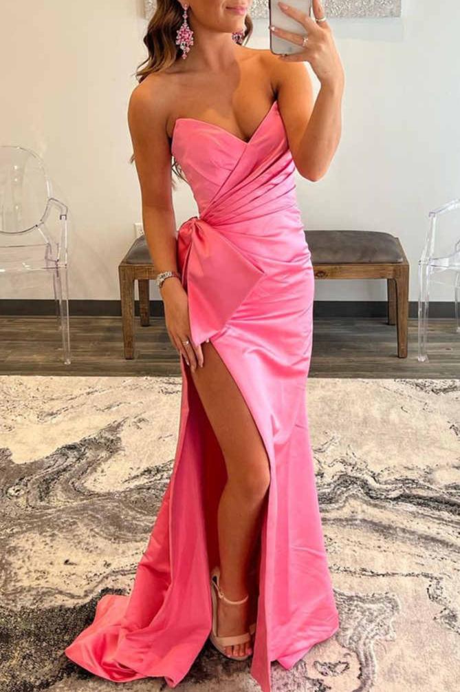 Mermaid Red Strapless Long Satin Prom Dress with Bow Tie