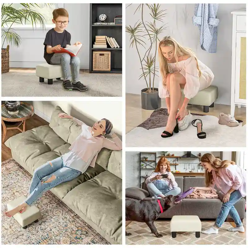 Dark Blue Linen Footrest Ottoman - Rectangle Cube Design