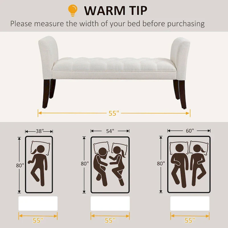 Beige Button-Tufted Upholstered Bench with Arms - 55