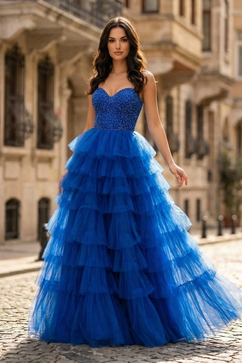 Spaghetti Straps Sweetheart Layered Tulle Formal Prom Dress with Slit