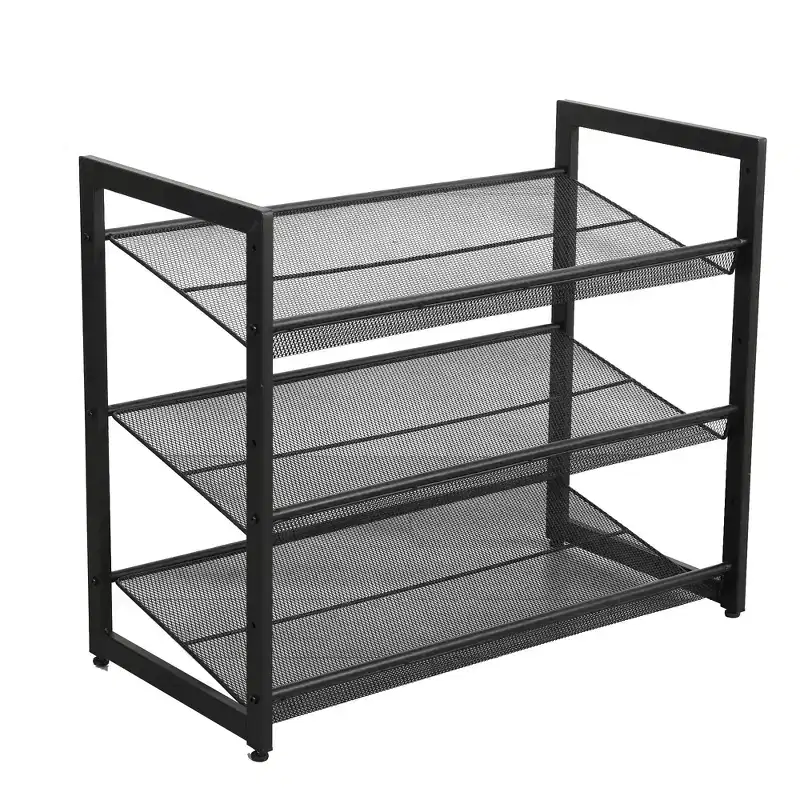 VIYET 24 Black 3-Tier Adjustable Metal Shoe Rack, Freestanding Storage Organizer with 4 Non-Slip End-Caps for Entryway, Front Door Entrance